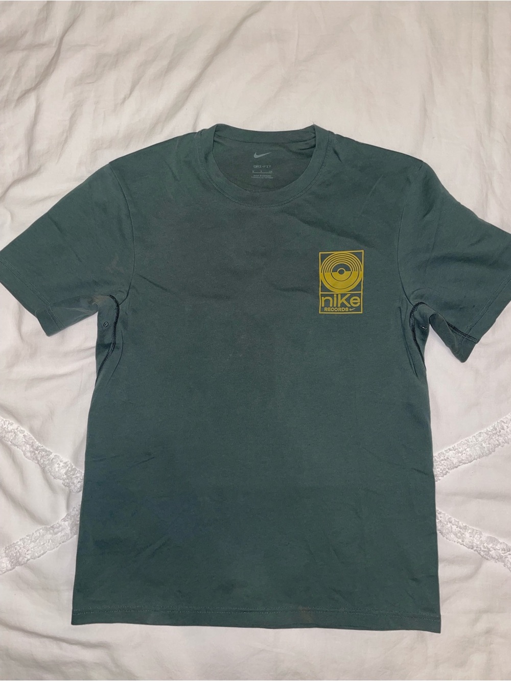 Nike Men's Forest Green Short Sleeve Tee with Yellow Chest Graphic